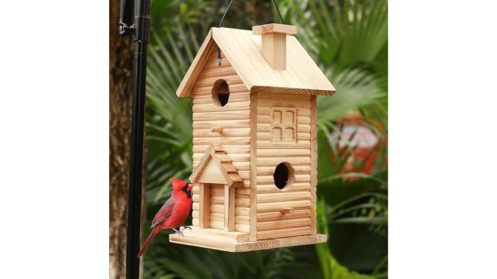outdoor wooden birdhouse with two holes