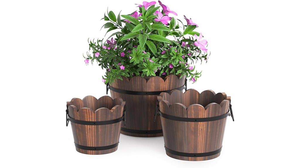 rustic wooden barrel planters