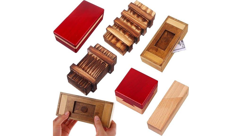 six wooden puzzle boxes