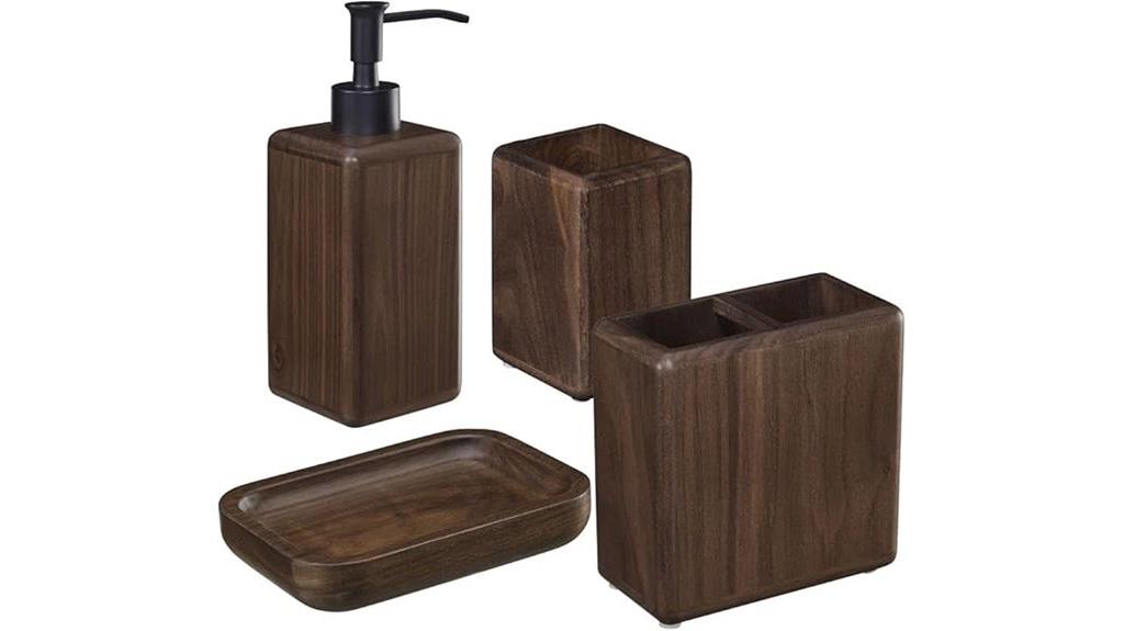 walnut bathroom accessory set