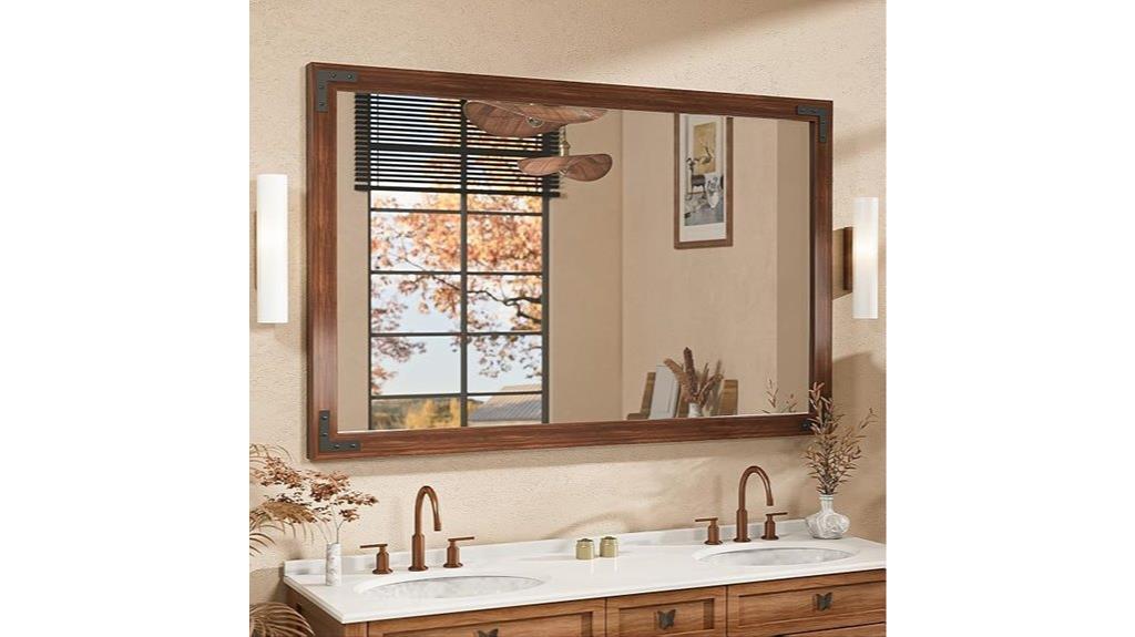 wood framed bathroom mirror