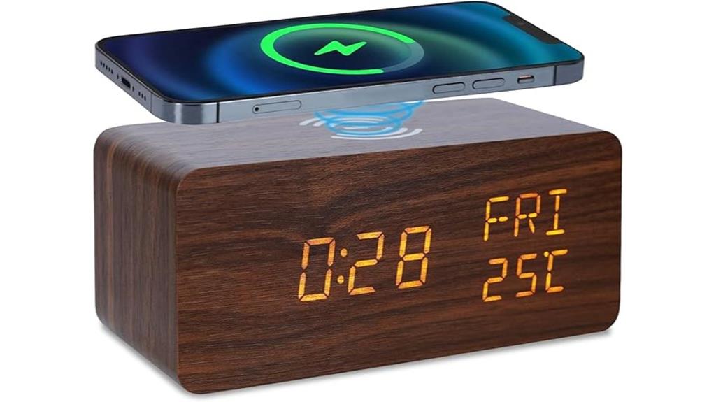 wooden alarm clock with wireless charging