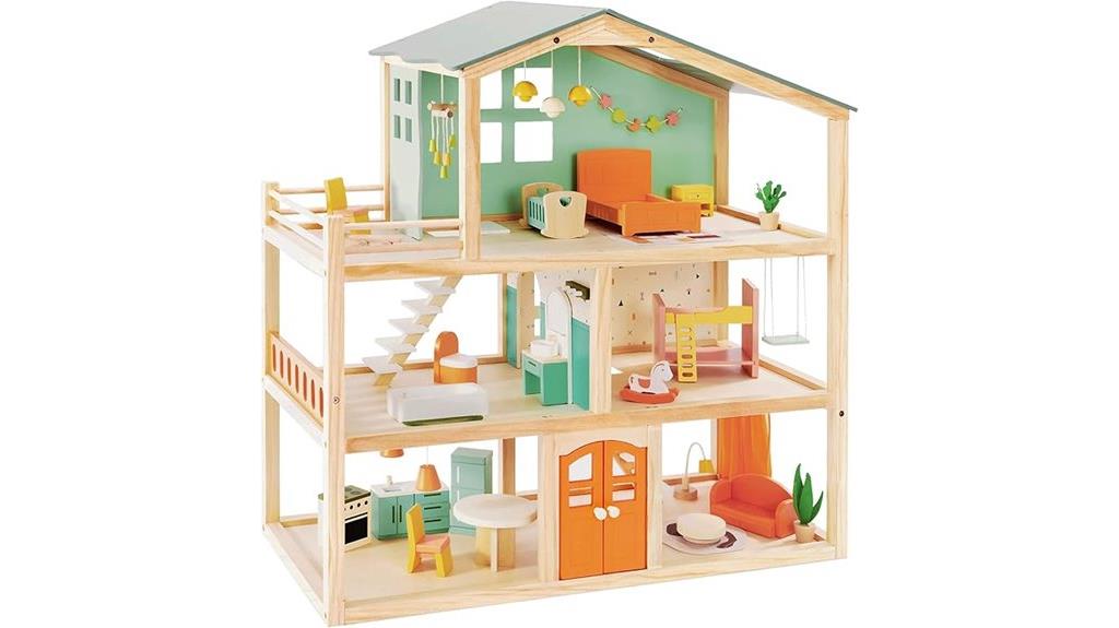 wooden dollhouse with furniture