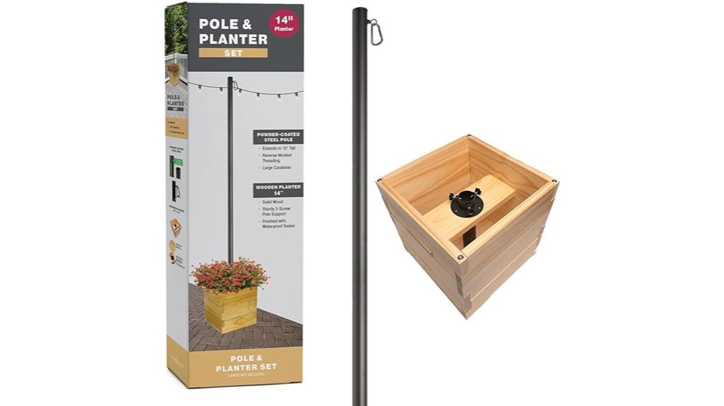 wooden planter with string lights