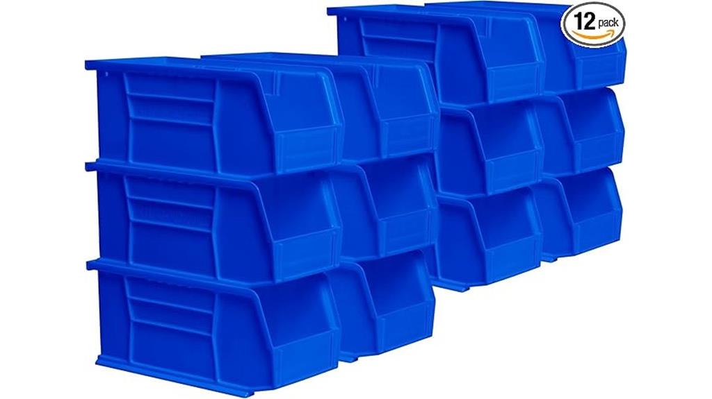 twelve plastic storage bins
