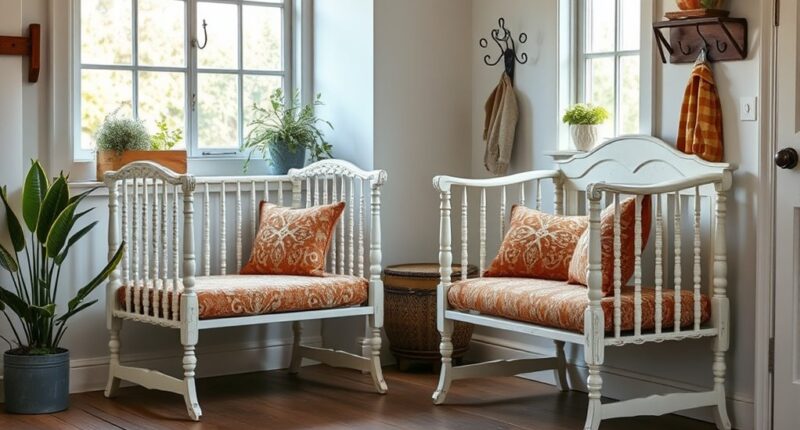 repurposed crib entryway bench