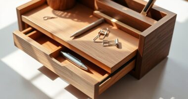 wooden desk organizer with sliding trays