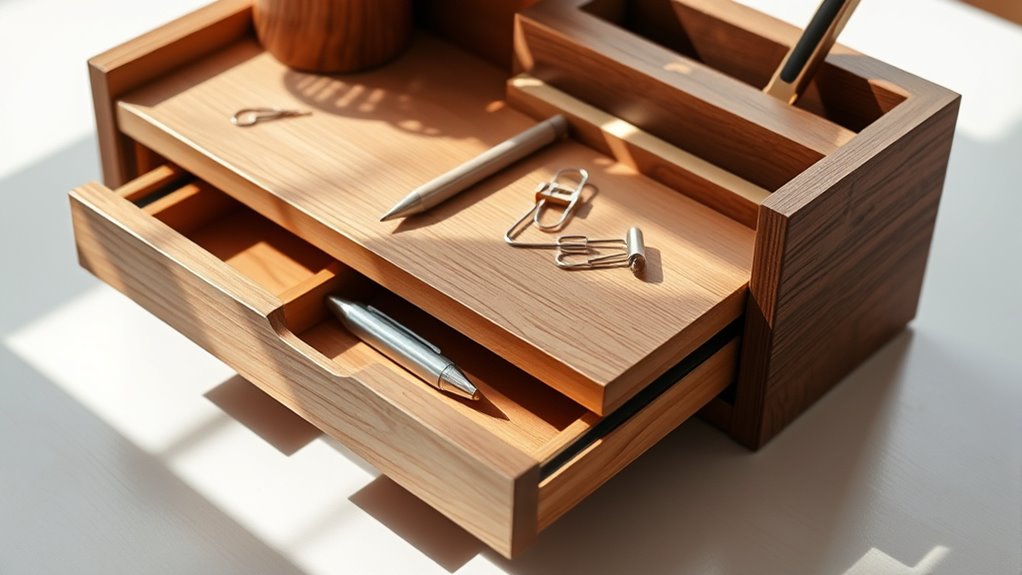 wooden desk organizer with sliding trays