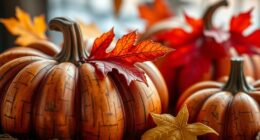 wooden pumpkins and leaves