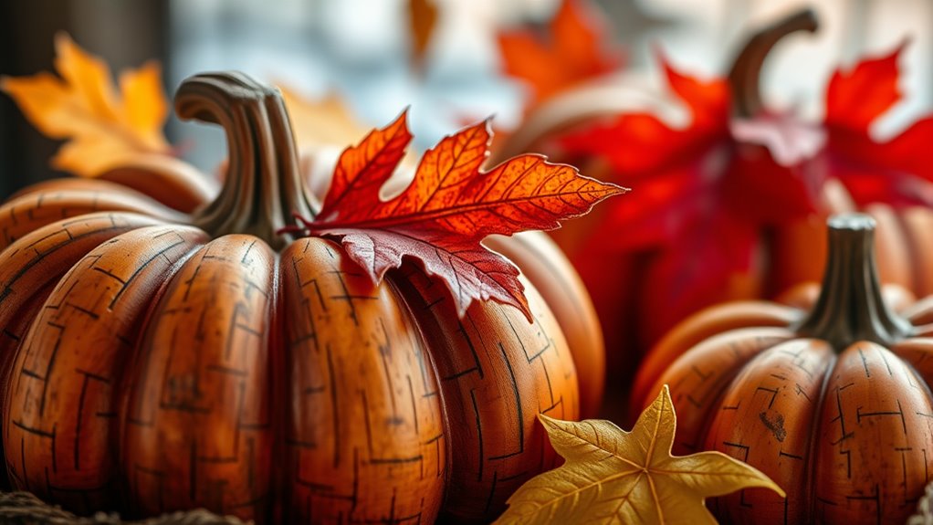 wooden pumpkins and leaves
